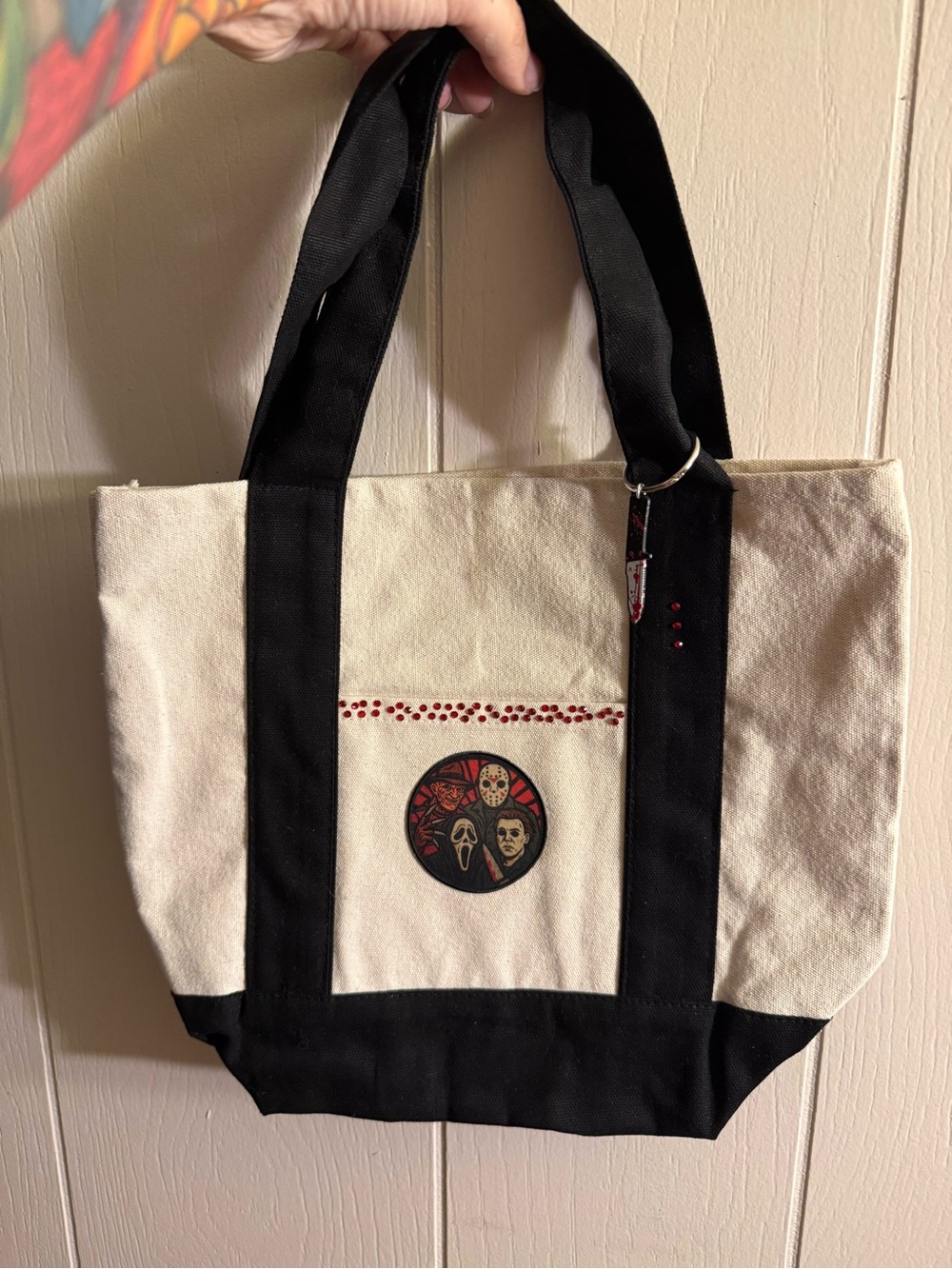 Canvas Tote Bag with Black Trim and Horror Patch